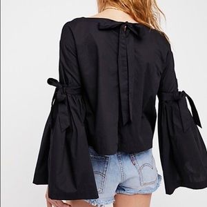 Free People Black Bell Sleeve Button Back Tie Top